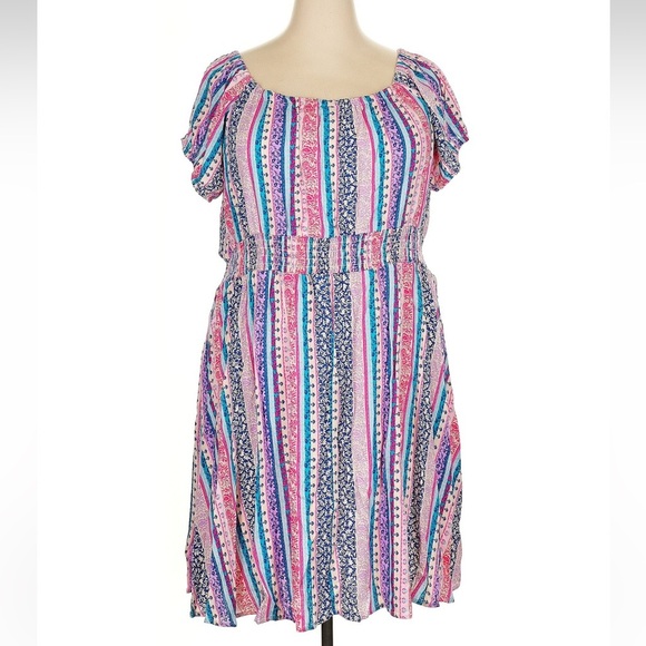 Torrid Lenny Smocked Off Shoulder Mini Dress Plus Size 3 3X 22-24 Floral Stripe - Picture 3 of 7